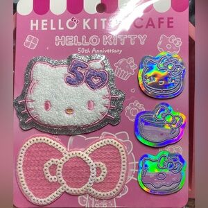 RARE SOLD OUT Hello Kitty Cafe Truck 50th Anniversary Patch Set 2024 w/ Sticker